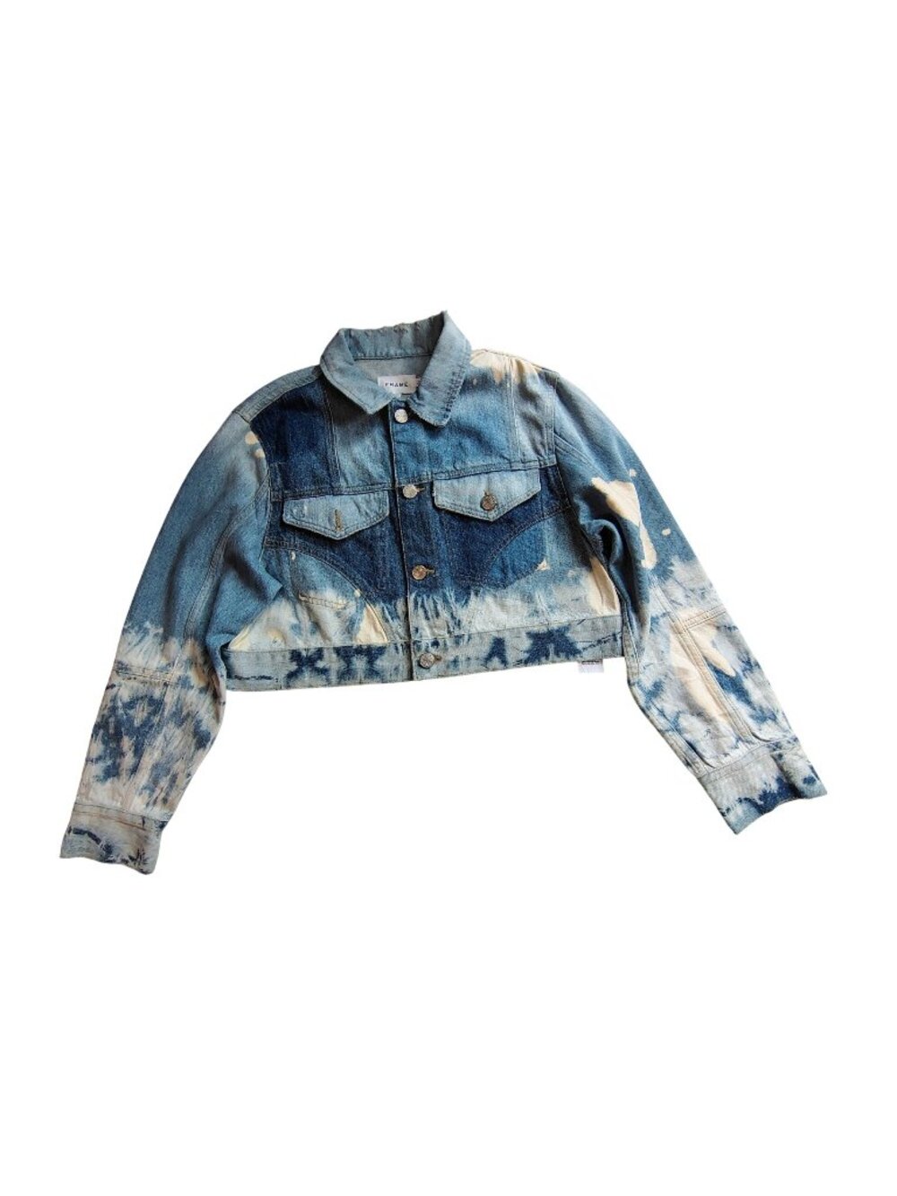 Frame Womens Cropped Tie-Dye Denim Jacket S Blue White Button Front Long Sleeve